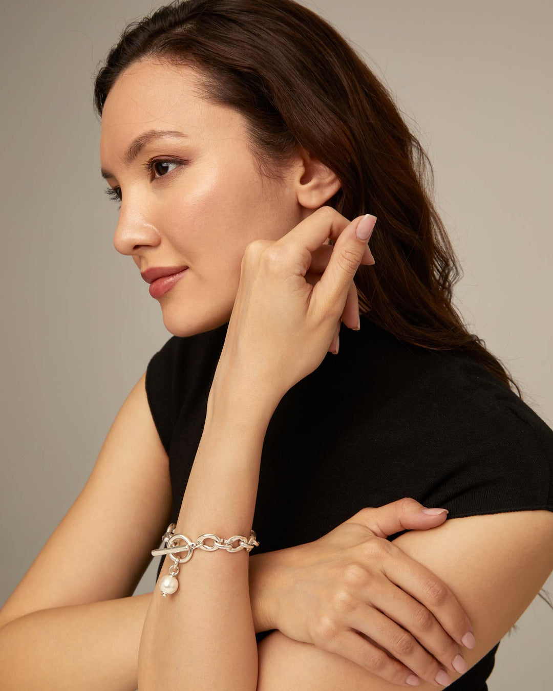 UNODE50 Large link chain bracelet with a pearl Silver