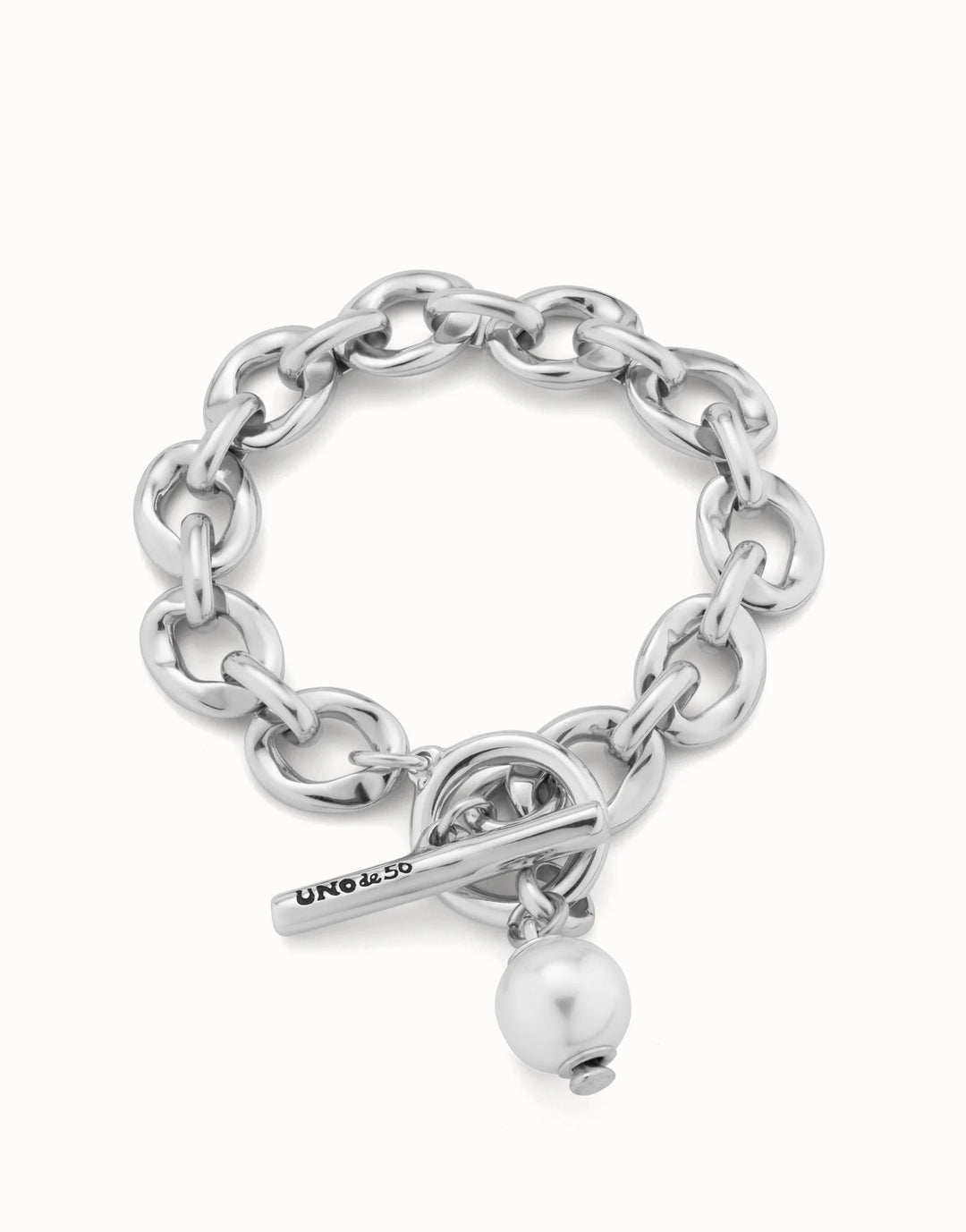 UNODE50 Large link chain bracelet with a pearl Silver