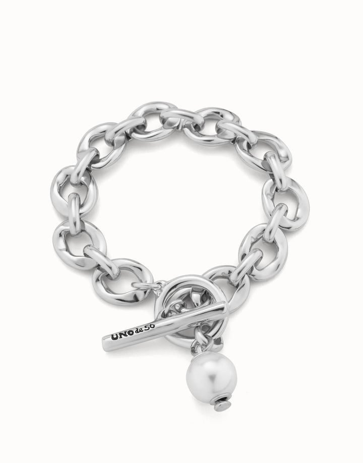 UNODE50 Large link chain bracelet with a pearl Silver