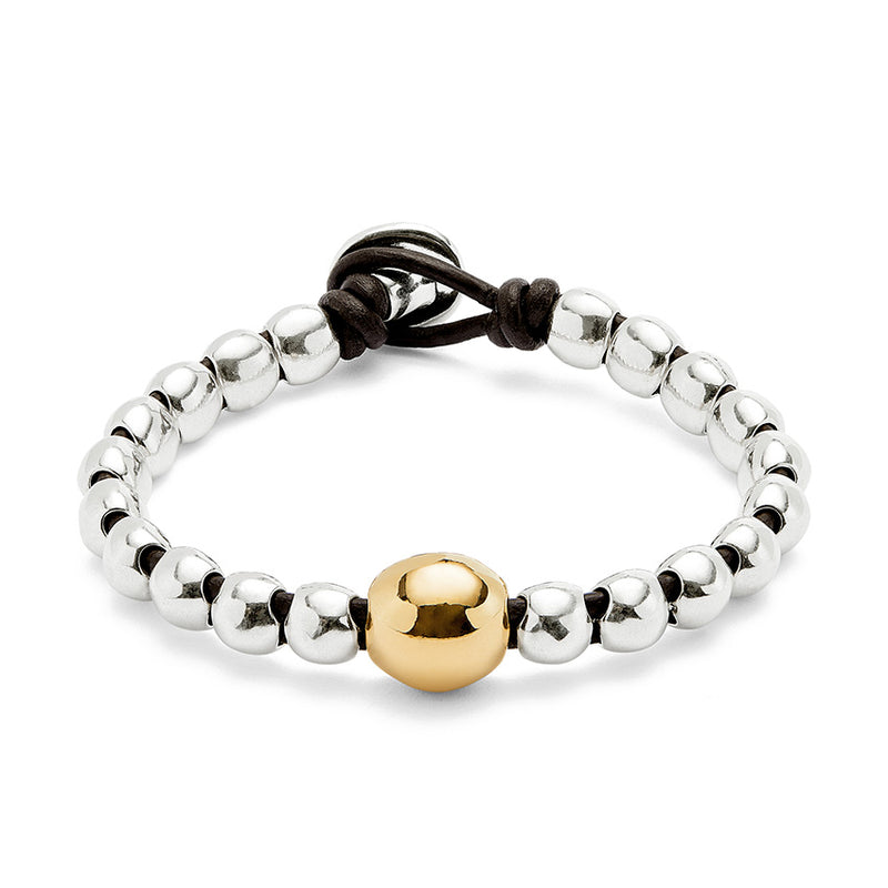UNOde50 Leather bracelet with a large bead - Sterling Silver w/Gold