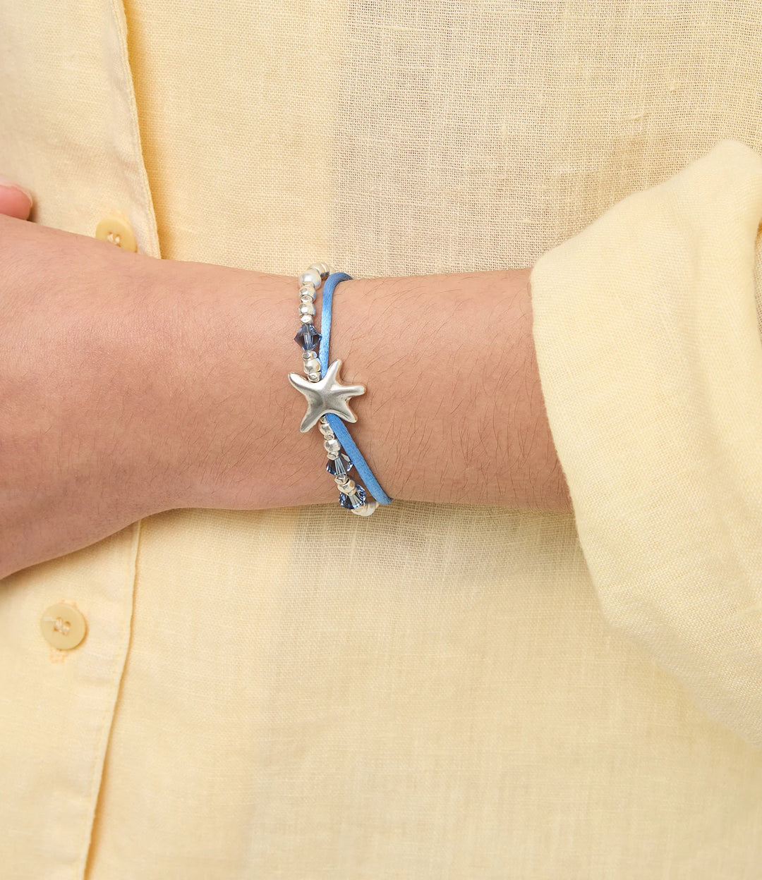 UNODE50 Bracelet Sisterstar Blue silk thread and metal bracelet with starfish Silver