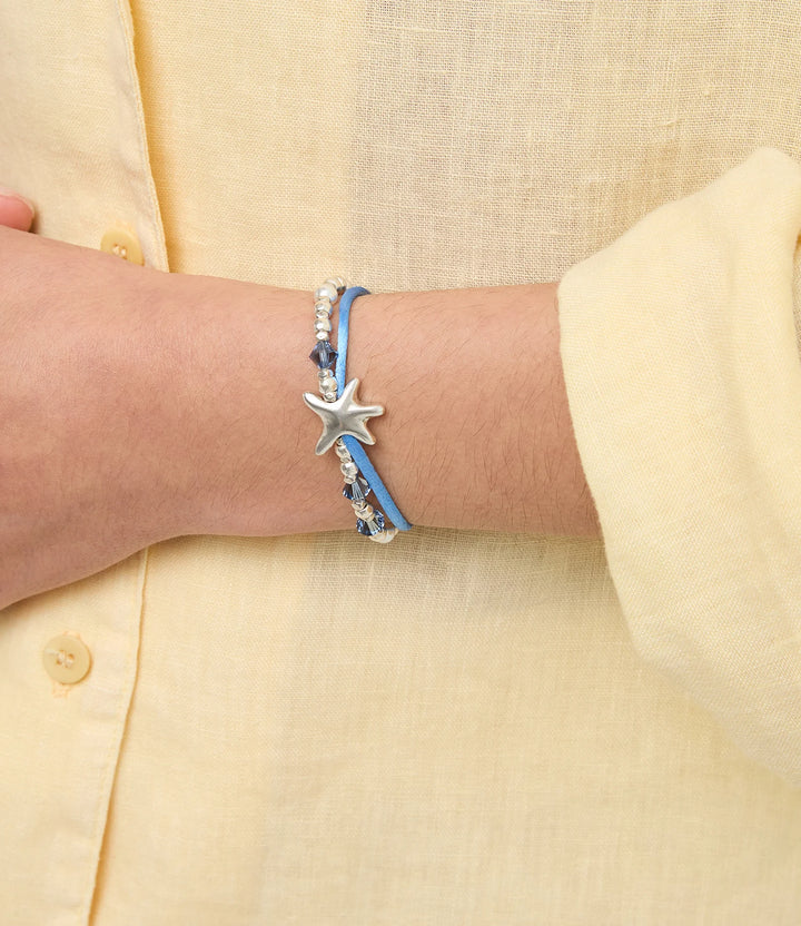 UNODE50 Bracelet Sisterstar Blue silk thread and metal bracelet with starfish Silver