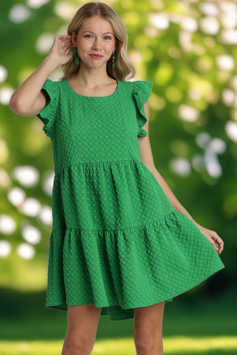 Texture Jacquard Round Neck Tiered A-Line Dress - Green R9030