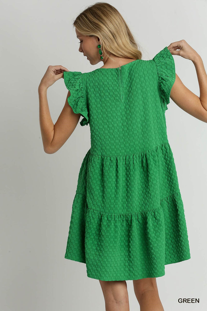 Texture Jacquard Round Neck Tiered A-Line Dress - Green R9030