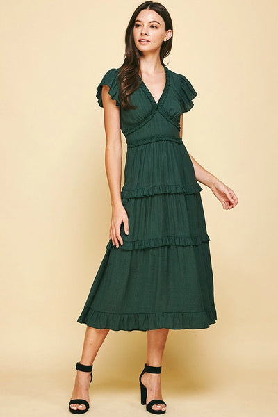 Green Ruffled Tea Length Dress 