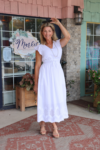 Charlie B V-Neck Elastic Waist Dress & Ruffle Cap Sleeve White