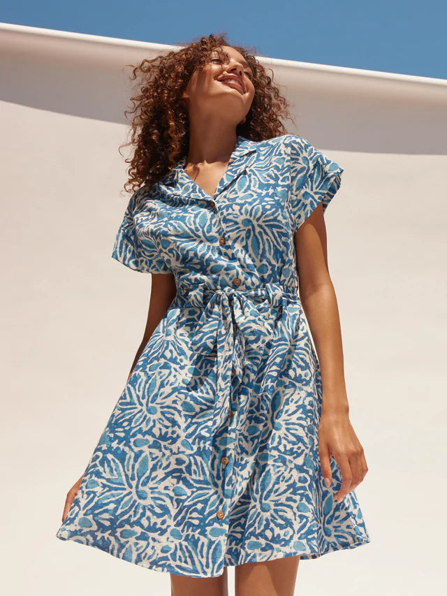 Charlie B Linen Blend Short Sleeve Button-Front Dress - Reef