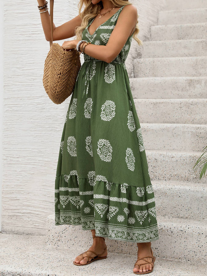 Sleeveless V-Neck Maxi Dress with Drawstring Waist