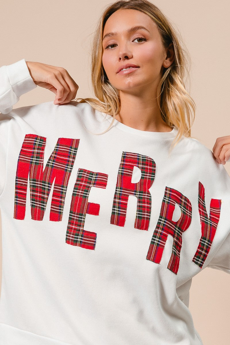 PLAID MERRY LETTERING CHRISTMAS FLEECE PULLOVER