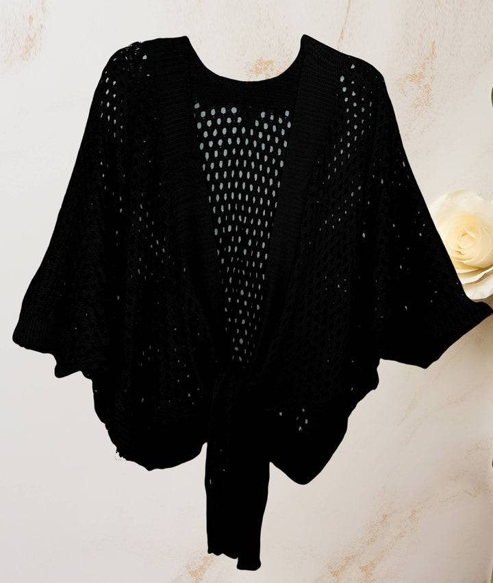 Eyelet Open-Knit Metallic Cardigan with Front Tie