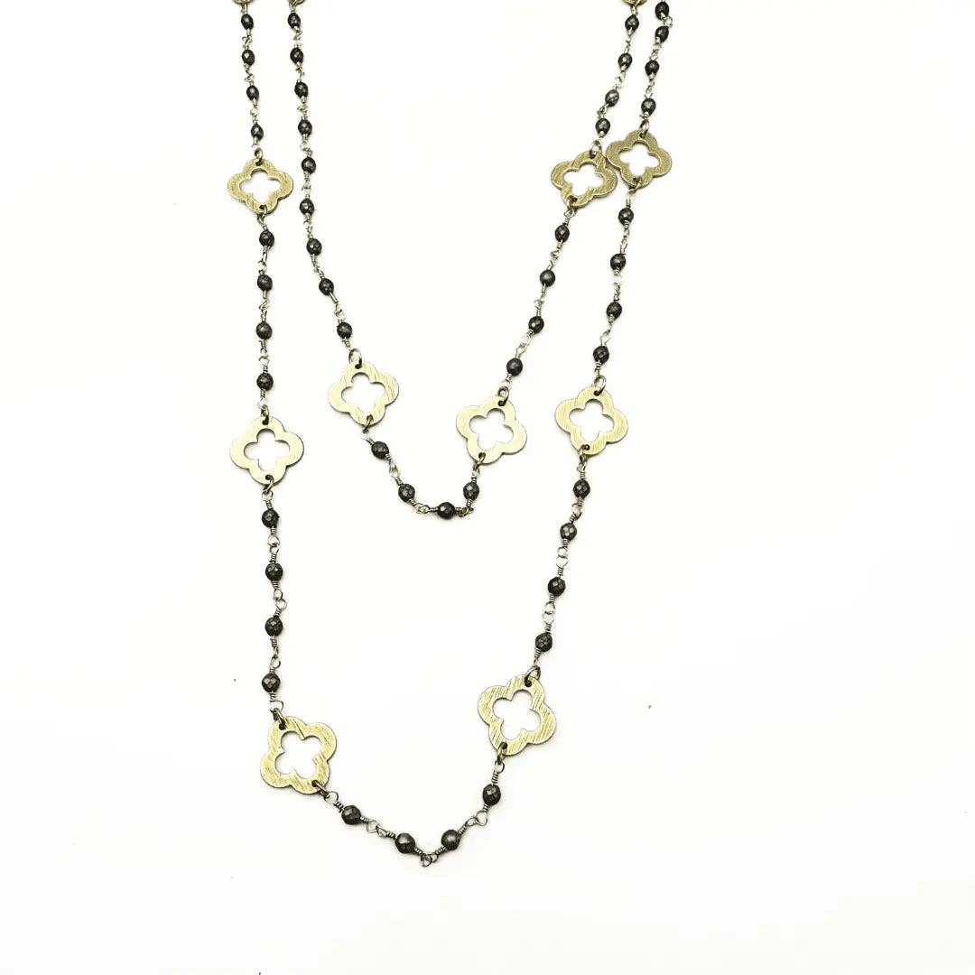 Erin Gray Gold Clover and Petite Matte Gray Beaded Long Necklace