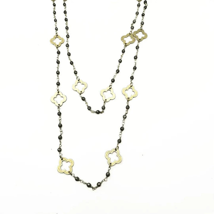 Erin Gray Gold Clover and Petite Matte Gray Beaded Long Necklace