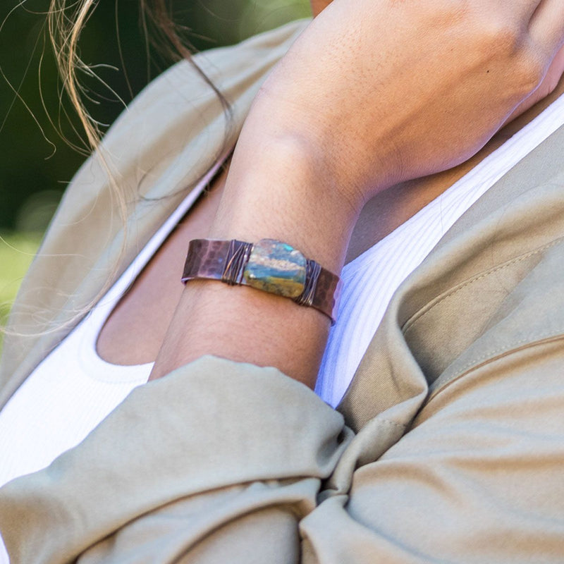 Anju Hammered Copper Cuff Bracelet with Semiprecious Stone – Peruvian Opal