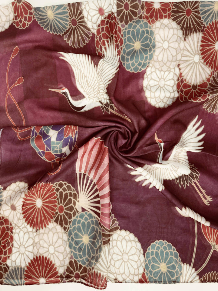 Burgundy-Multi Crane &amp; Floral Scarf