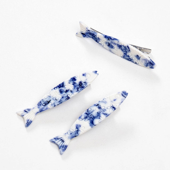 Coastal Blue Floral Sardine Fish Barrette Hair Clip