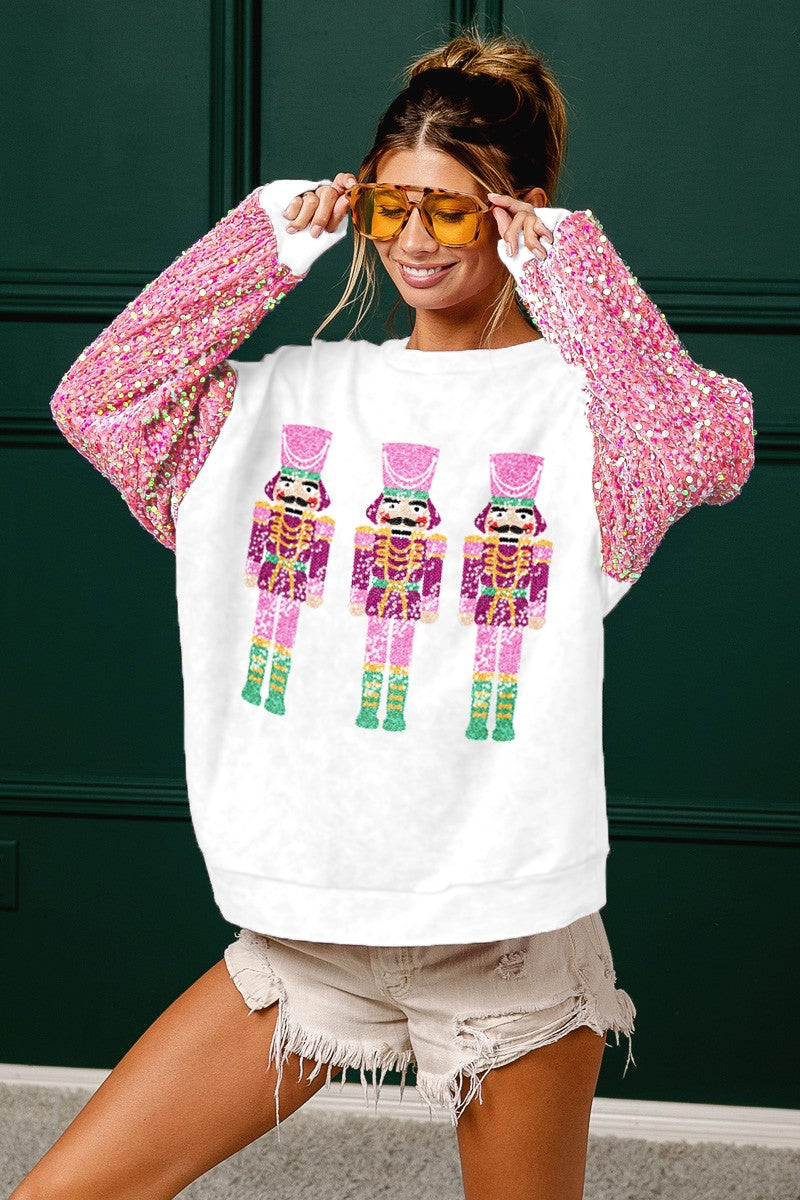 Sequin Nutcrackers Embroidery Velvet Pullover White/Pink