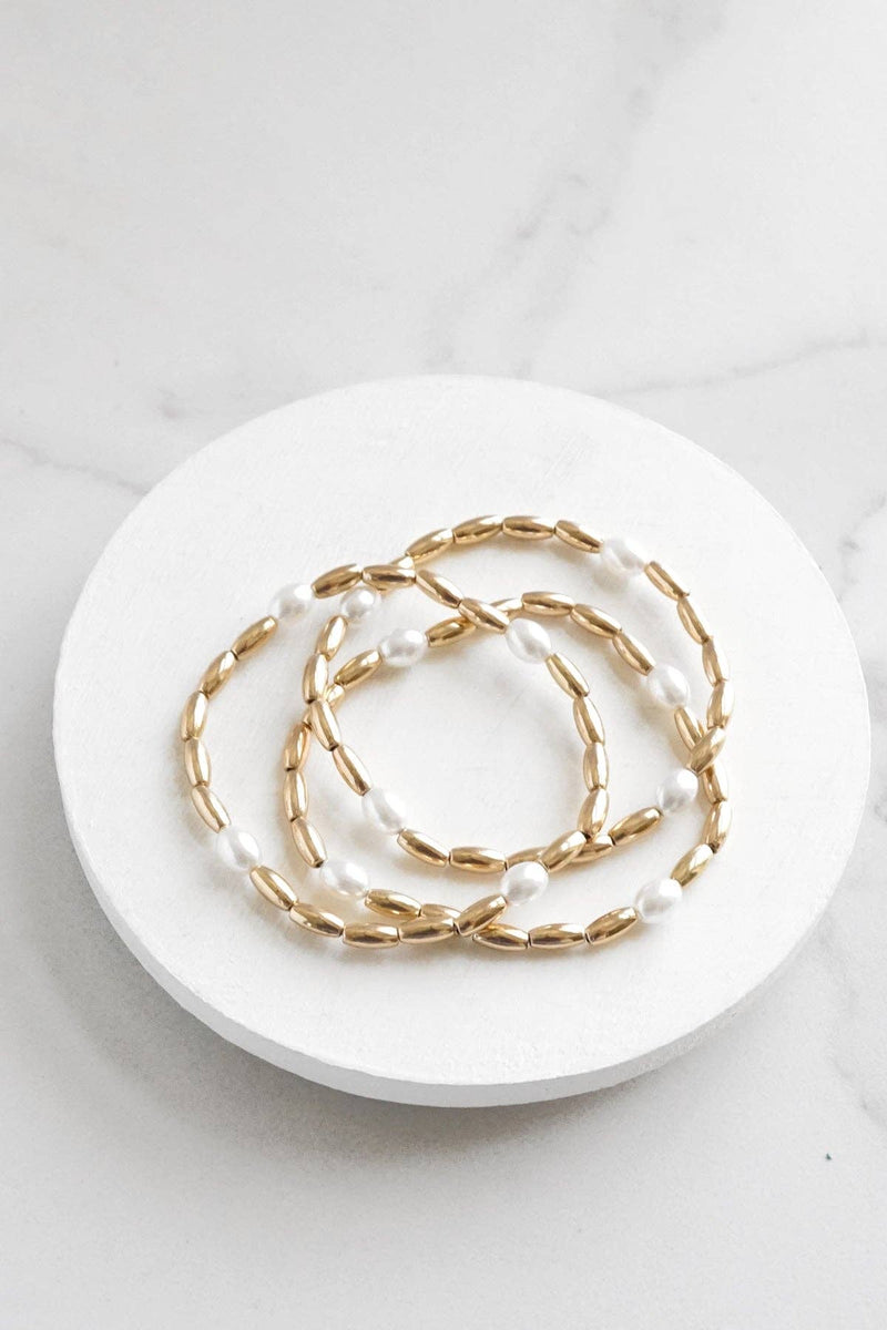 Gold tone and pearls beaded bracelet stack of 3 bracelets