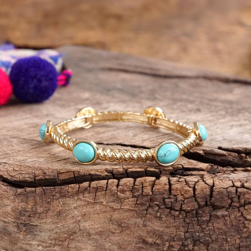 Jeweled Golden Twisted Bangle with oval jewels - Pearl Turquoise