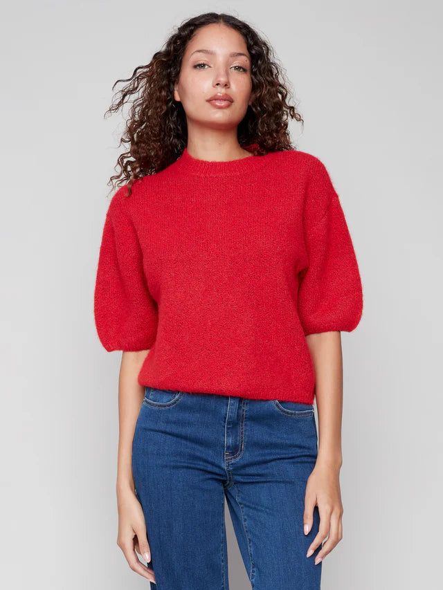 Balloon Elbow Sleeve Knit Sweater - Crimson