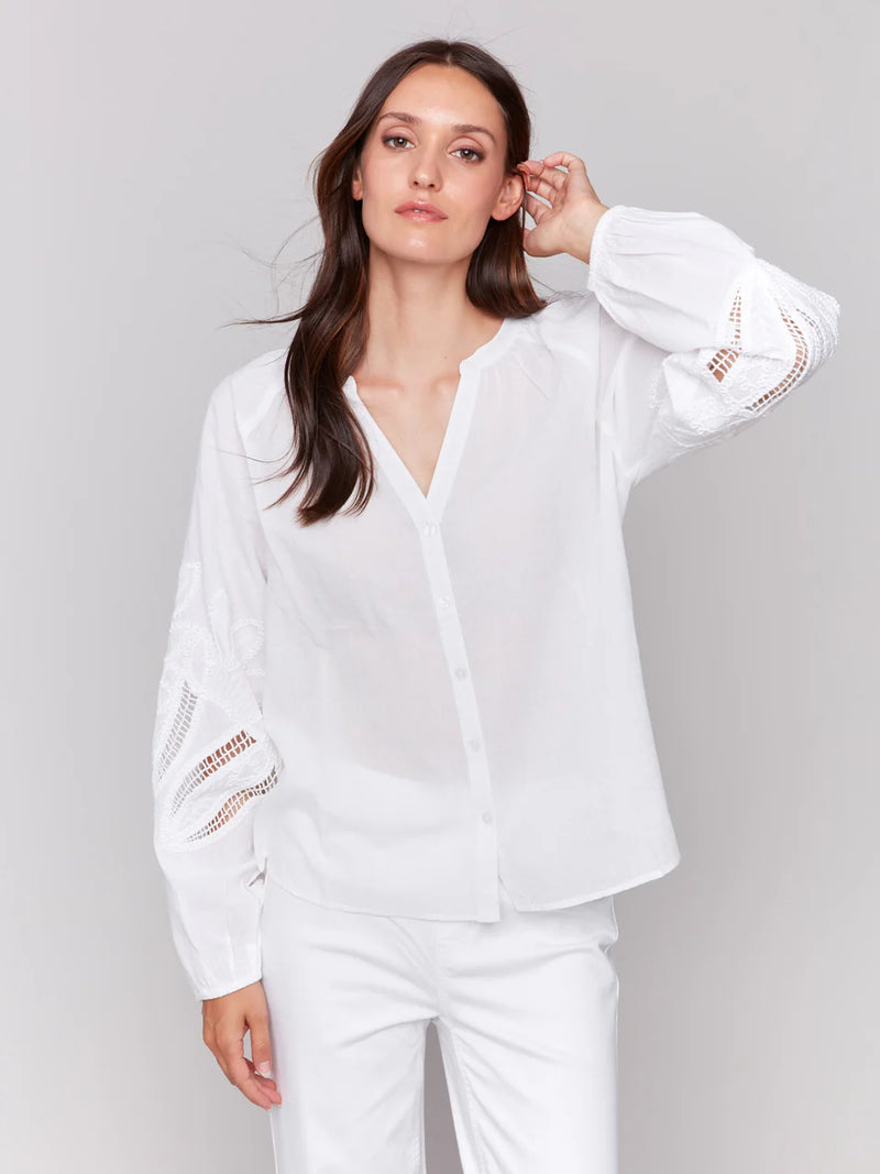 Charlie B Cotton Button-Front Blouse with Embroidery - White