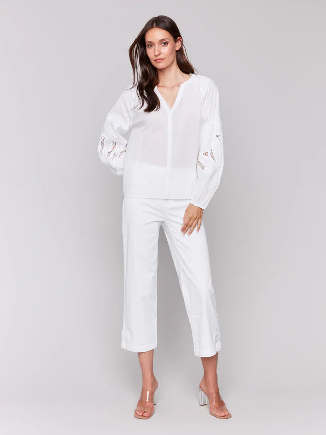 Charlie B Cotton Button-Front Blouse with Embroidery - White