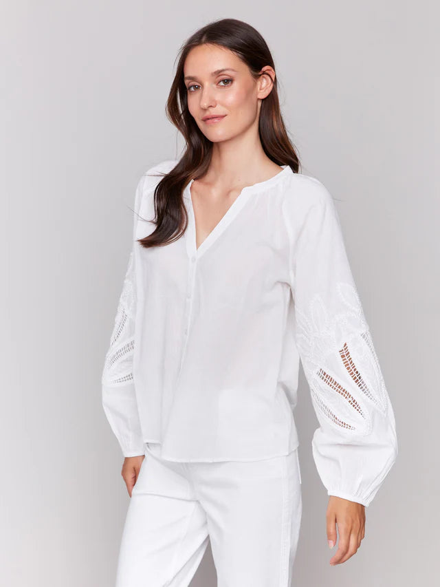 Charlie B Cotton Button-Front Blouse with Embroidery - White