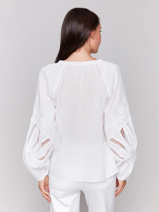 Charlie B Cotton Button-Front Blouse with Embroidery - White
