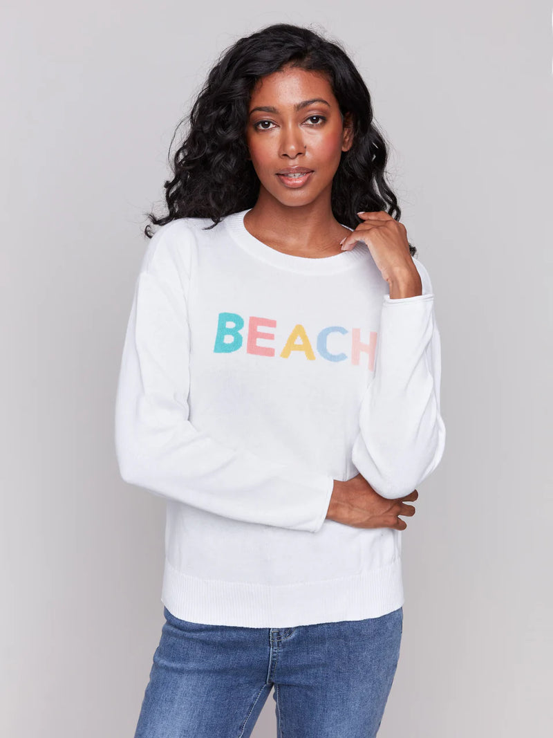 Charlie B Cotton Knit Sweater with Beach Print - White