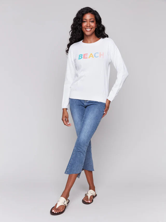 Charlie B Cotton Knit Sweater with Beach Print - White
