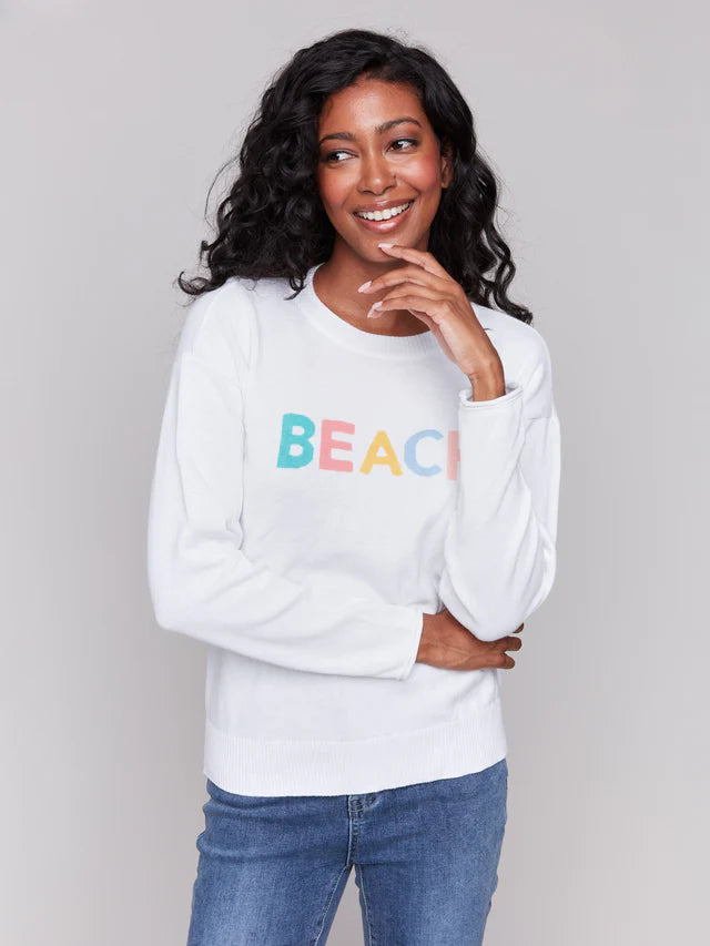 Charlie B Cotton Knit Sweater with Beach Print - White