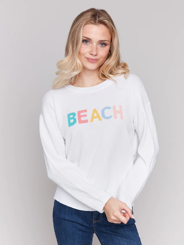 Charlie B Cotton Knit Sweater with Beach Print - White