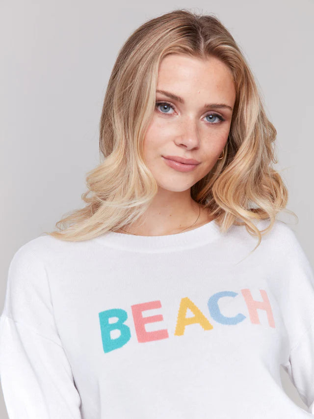 Charlie B Cotton Knit Sweater with Beach Print - White