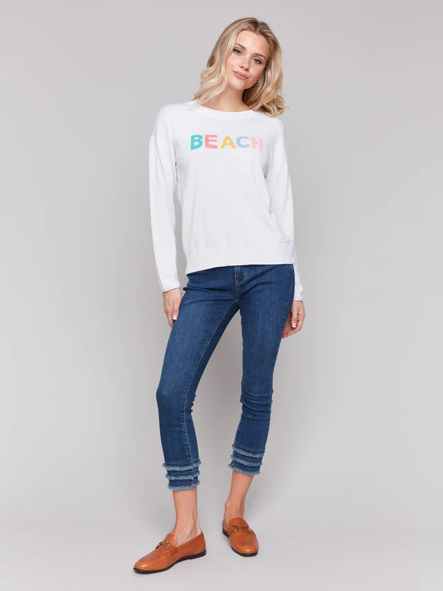 Charlie B Cotton Knit Sweater with Beach Print - White
