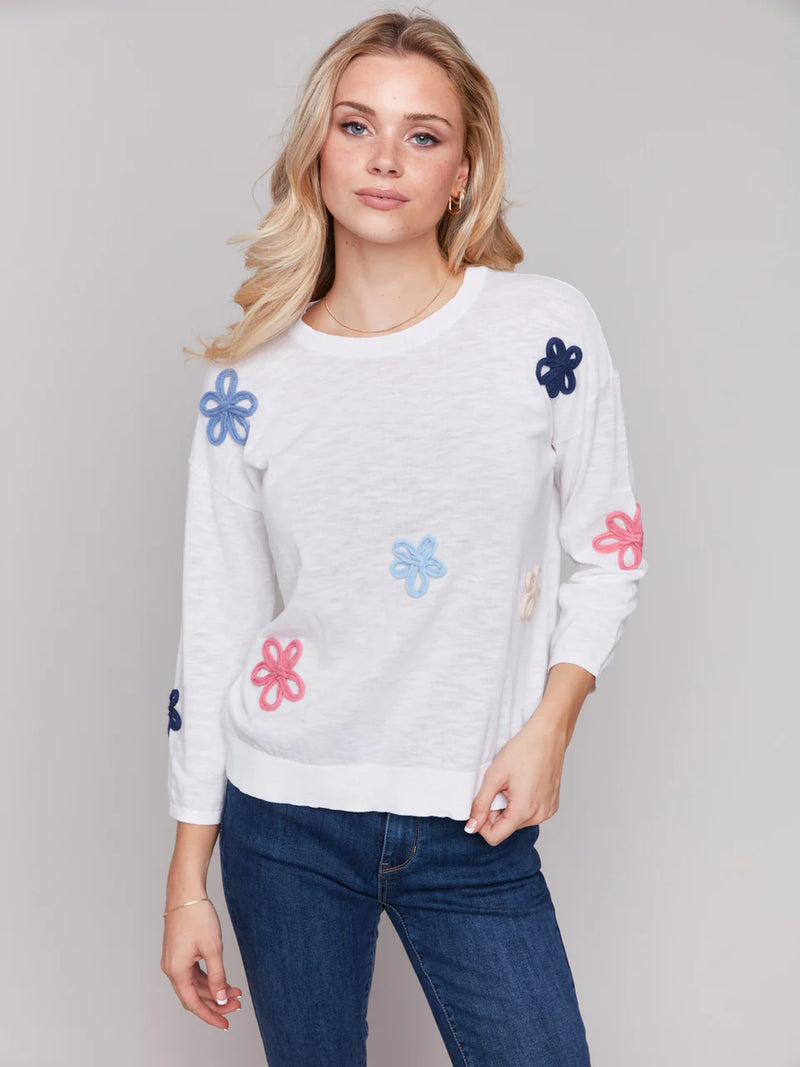 Charlie B Cotton Sweater with Flower Patches - White