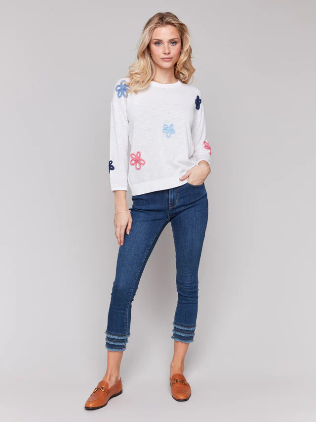 Charlie B Cotton Sweater with Flower Patches - White
