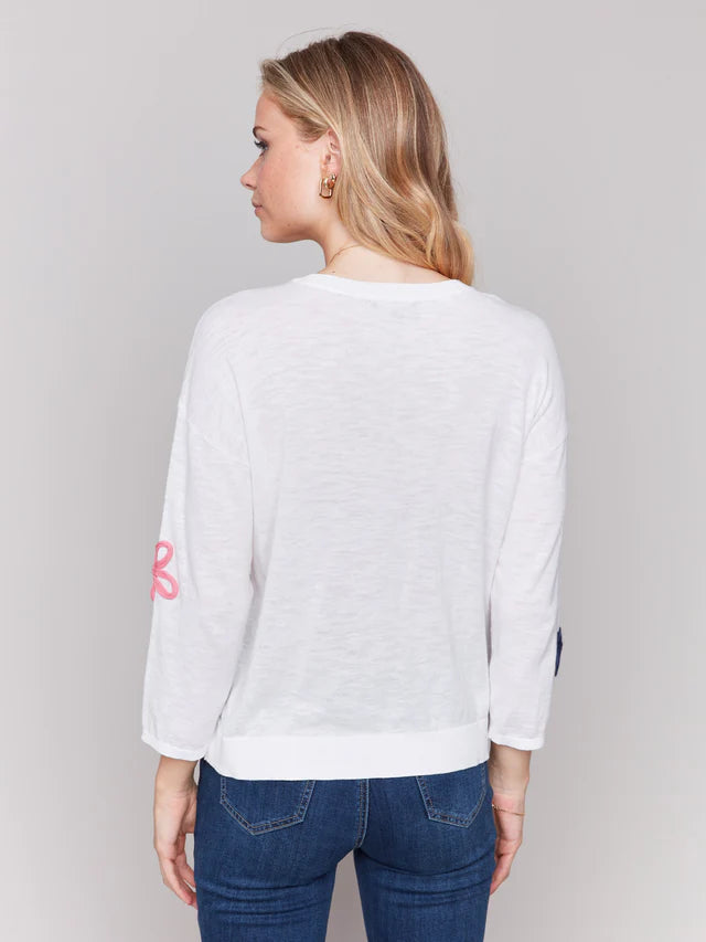 Charlie B Cotton Sweater with Flower Patches - White
