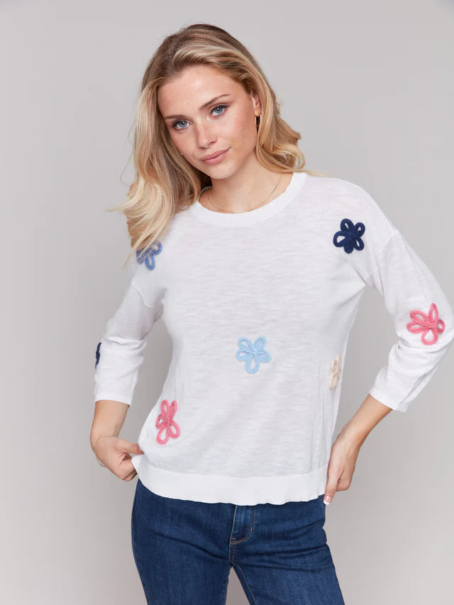Charlie B Cotton Sweater with Flower Patches - White