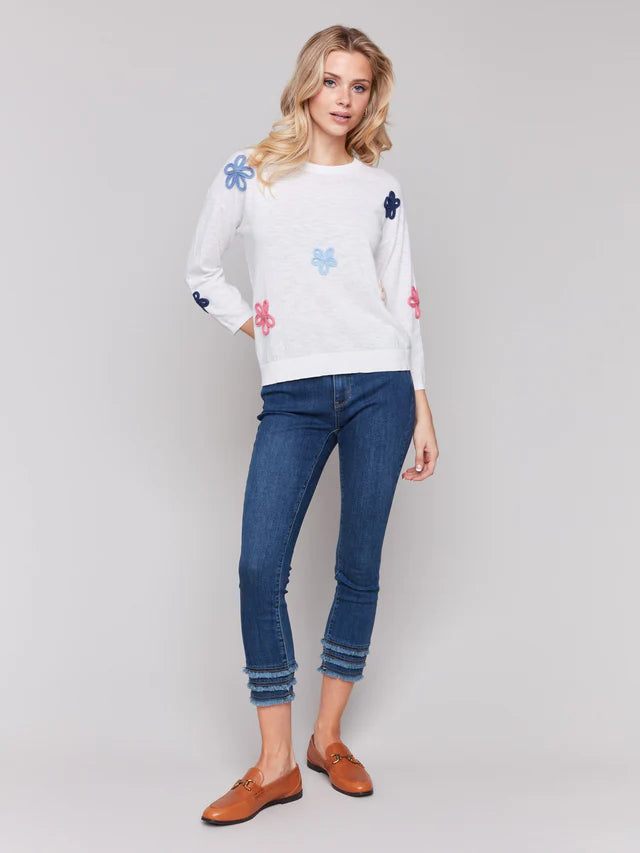Charlie B Cotton Sweater with Flower Patches - White