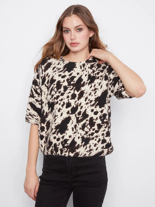 Charlie B Cow Print Balloon Elbow Sleeve Knit Sweater - Spots