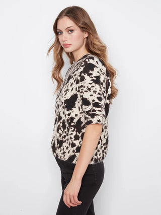 Charlie B Cow Print Balloon Elbow Sleeve Knit Sweater - Spots
