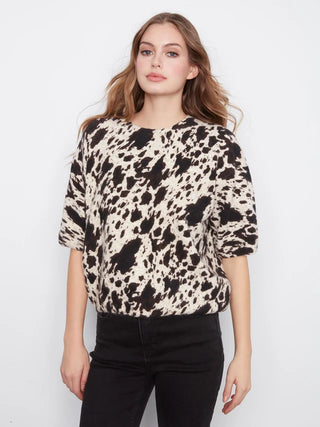 Charlie B Cow Print Balloon Elbow Sleeve Knit Sweater - Spots