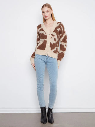 Charlie B Cow Print V-Neck Cardigan - Ranch
