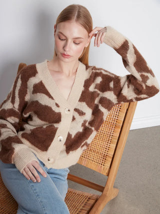 Charlie B Cow Print V-Neck Cardigan - Ranch