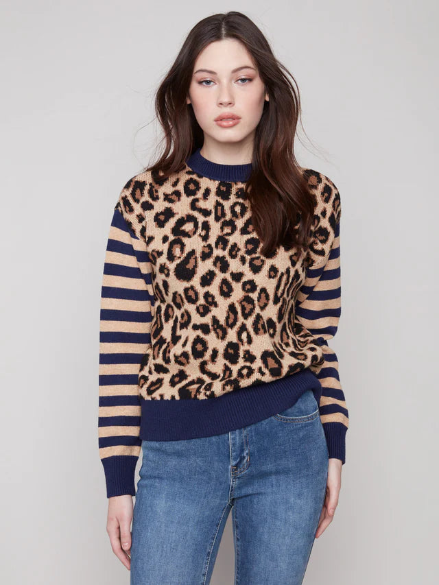 Charlie B Crew Neck Sweater With Striped Sleeves - Leopard