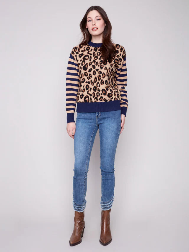 Charlie B Crew Neck Sweater With Striped Sleeves - Leopard
