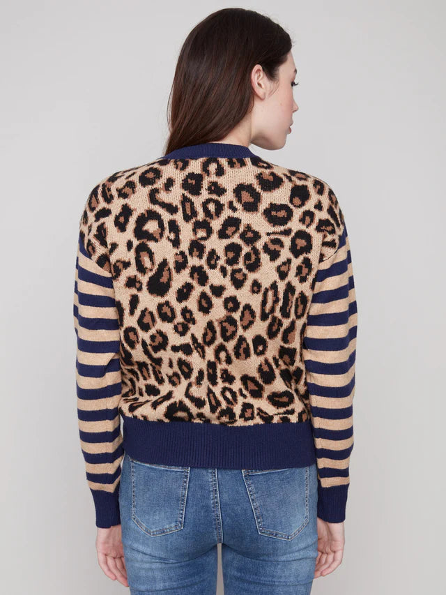 Charlie B Crew Neck Sweater With Striped Sleeves - Leopard