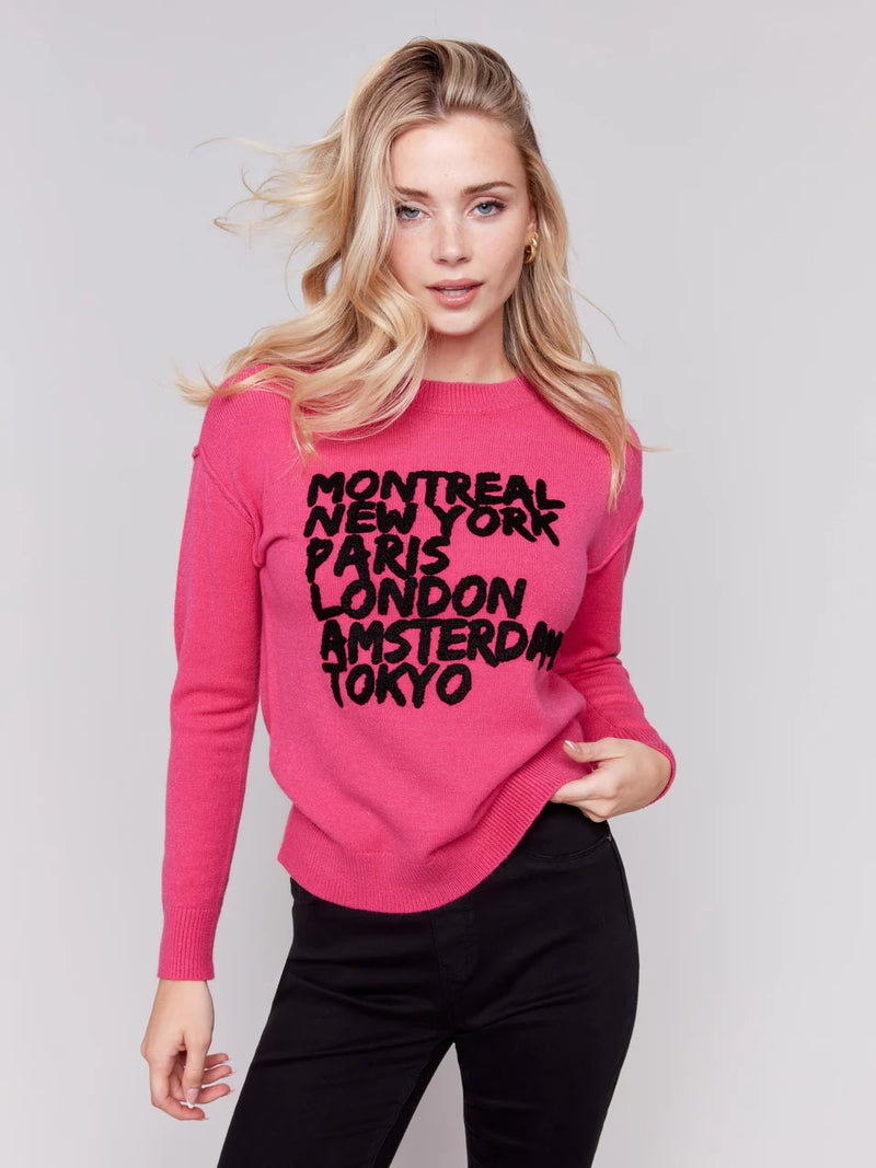 Charlie B. - Embroidered Cities Crew Neck Sweater - Magenta