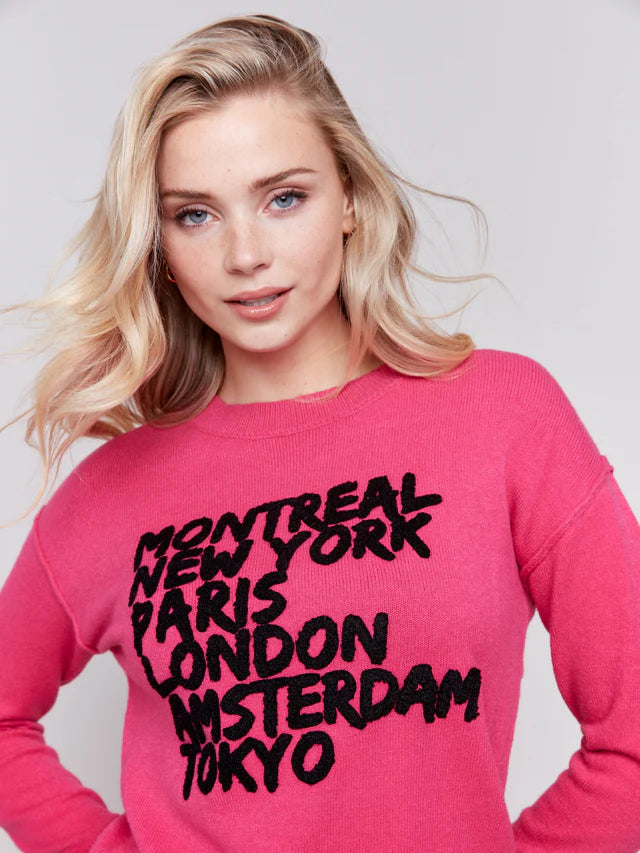 Charlie B. - Embroidered Cities Crew Neck Sweater - Magenta