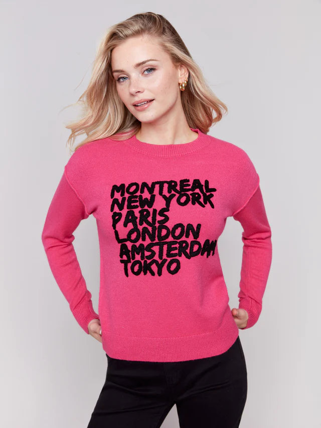 Charlie B. - Embroidered Cities Crew Neck Sweater - Magenta