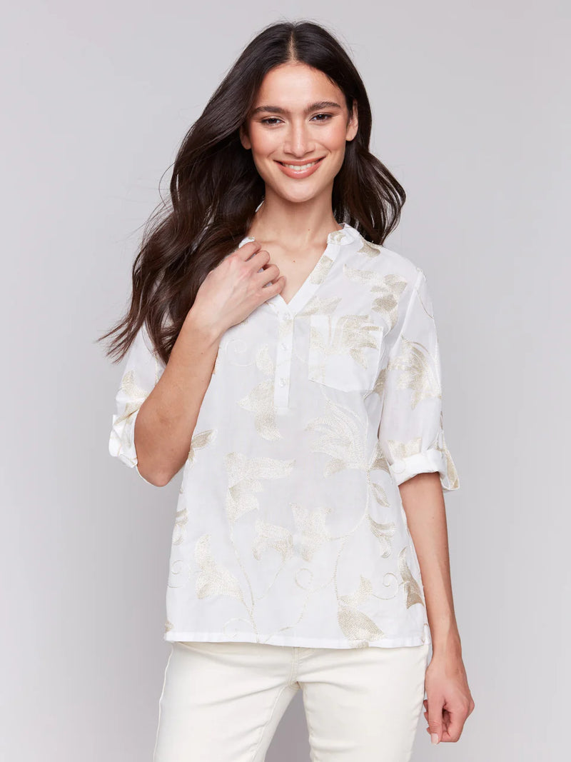 Charlie B Embroidered Cotton Half-Button Blouse - Gold
